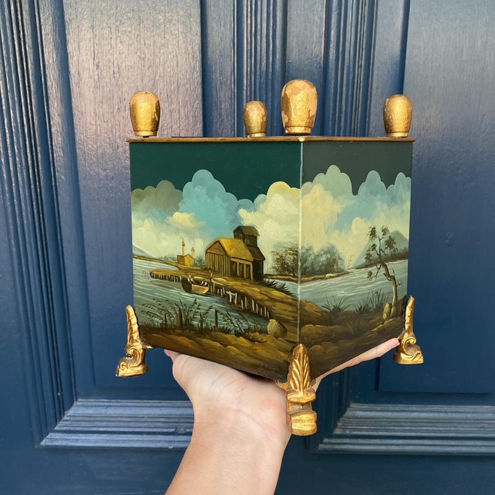 Tole Hand-Painted Neoclassical Cachepot Metal Plant Container
